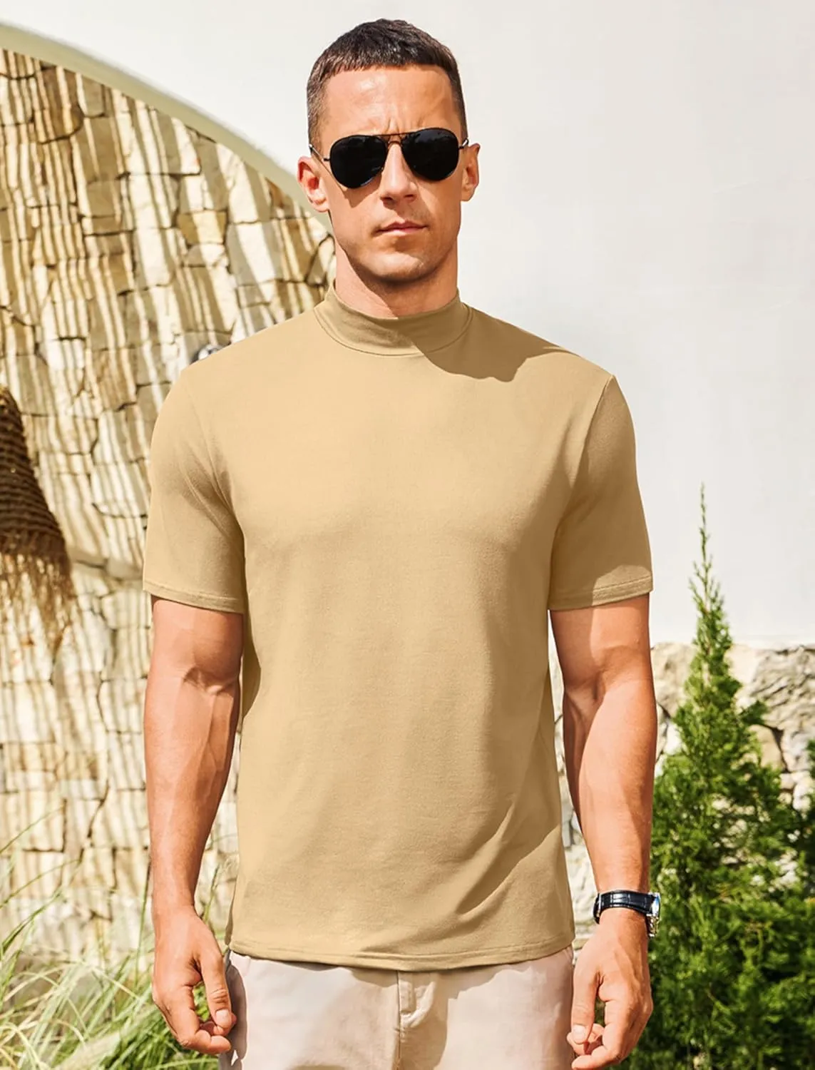 Vssjavun Men's Mock Turtleneck T Shirt Short Sleeve Soft Casual Pullover Top Slim fit Solid Basic Undershirts