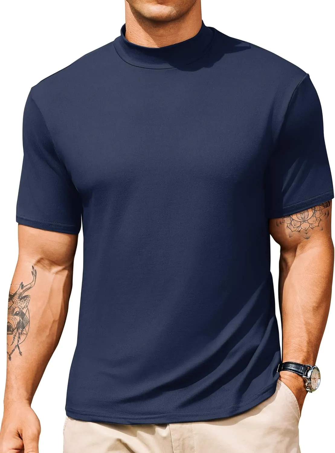 Vssjavun Men's Mock Turtleneck T Shirt Short Sleeve Soft Casual Pullover Top Slim fit Solid Basic Undershirts