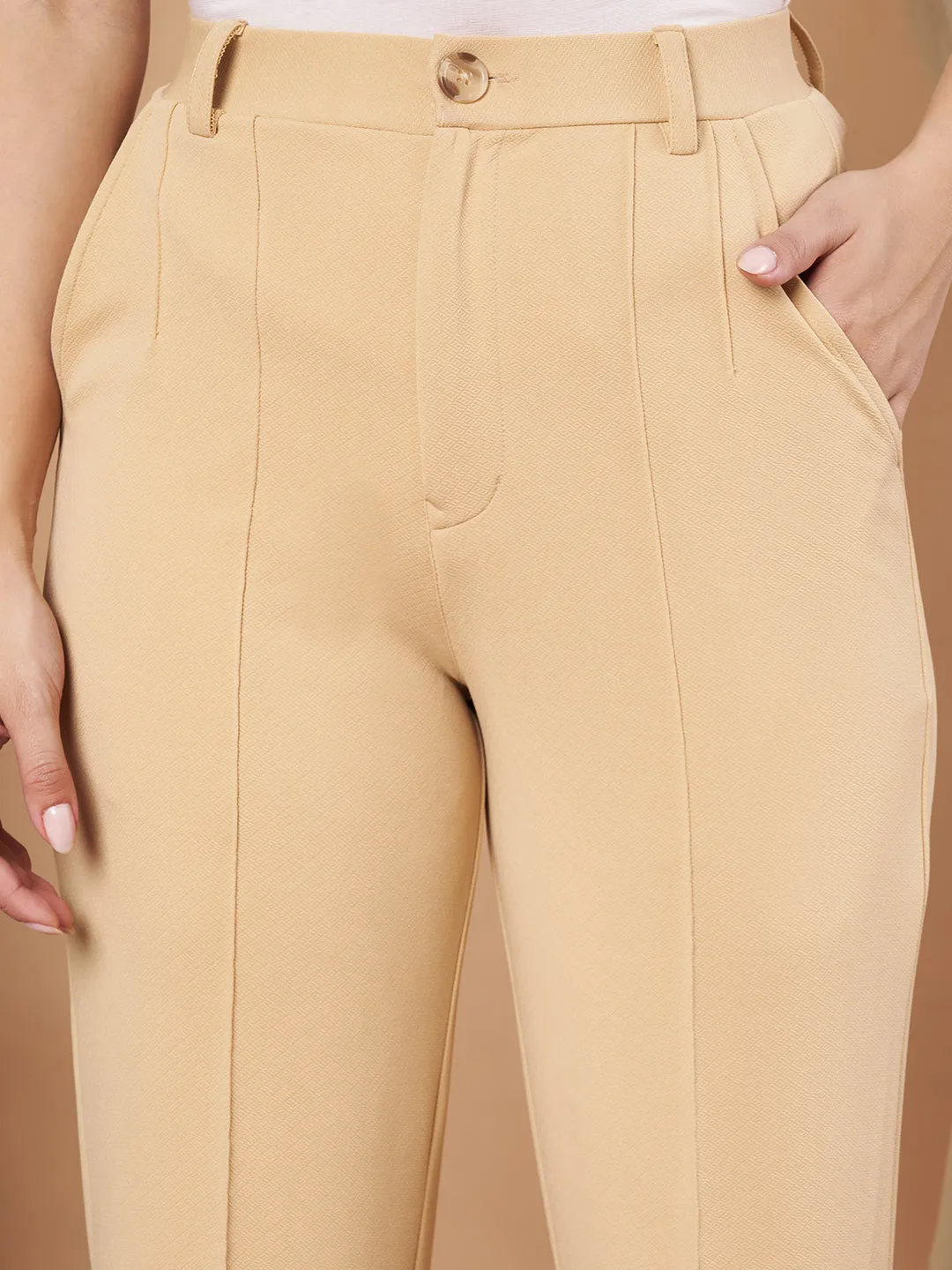Women Beige Straight-Leg Trousers