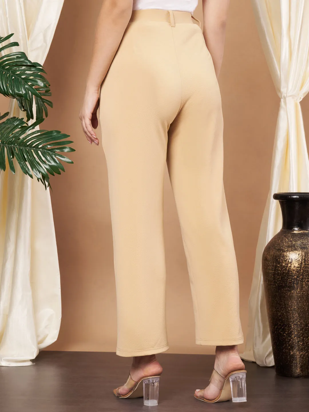 Women Beige Straight-Leg Trousers