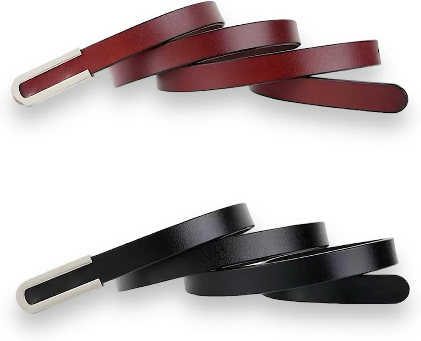 Women's Belt Fashion Skinny Slim Soft Genuine Leather Belts Waistband Thin Waist Belt Silver Chrome Color Alloy Buckle