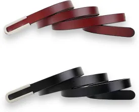 Women's Belt Fashion Skinny Slim Soft Genuine Leather Belts Waistband Thin Waist Belt Silver Chrome Color Alloy Buckle