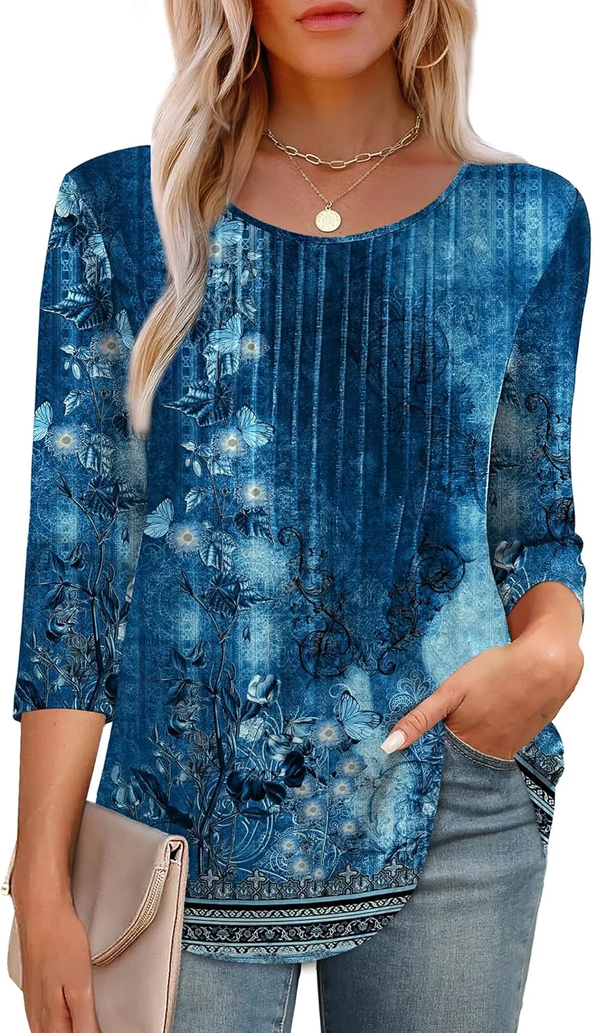 XIEERDUO 3/4 Length Sleeve Tops for Women 2025 Crewneck Casual Pleated Tunic Tops Loose Fit Shirts Blouses