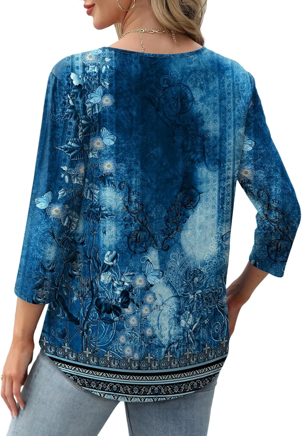 XIEERDUO 3/4 Length Sleeve Tops for Women 2025 Crewneck Casual Pleated Tunic Tops Loose Fit Shirts Blouses
