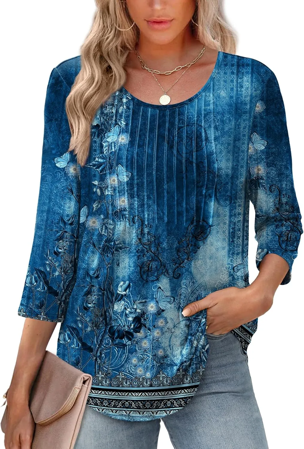 XIEERDUO 3/4 Length Sleeve Tops for Women 2025 Crewneck Casual Pleated Tunic Tops Loose Fit Shirts Blouses