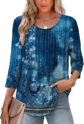 XIEERDUO 3/4 Length Sleeve Tops for Women 2025 Crewneck Casual Pleated Tunic Tops Loose Fit Shirts Blouses