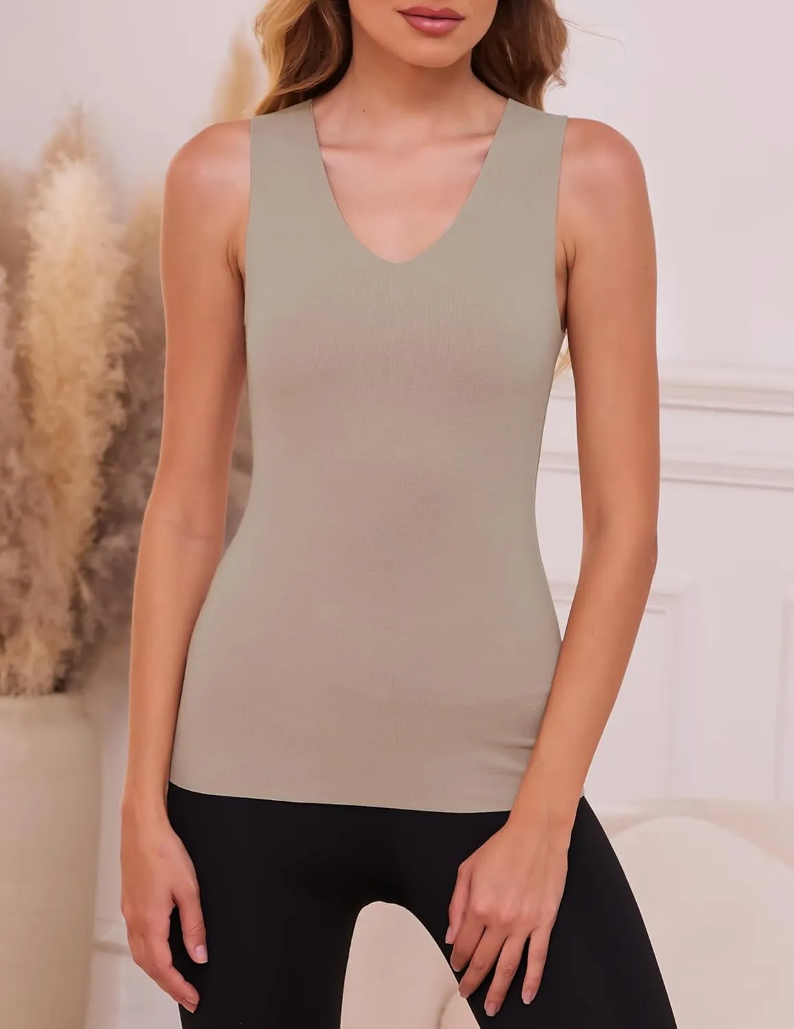 YYA V Neck Basic Tank Tops for Women Thermal Vest Winter Warm Tank-Top Sleeveless Undershirts, S-XXL