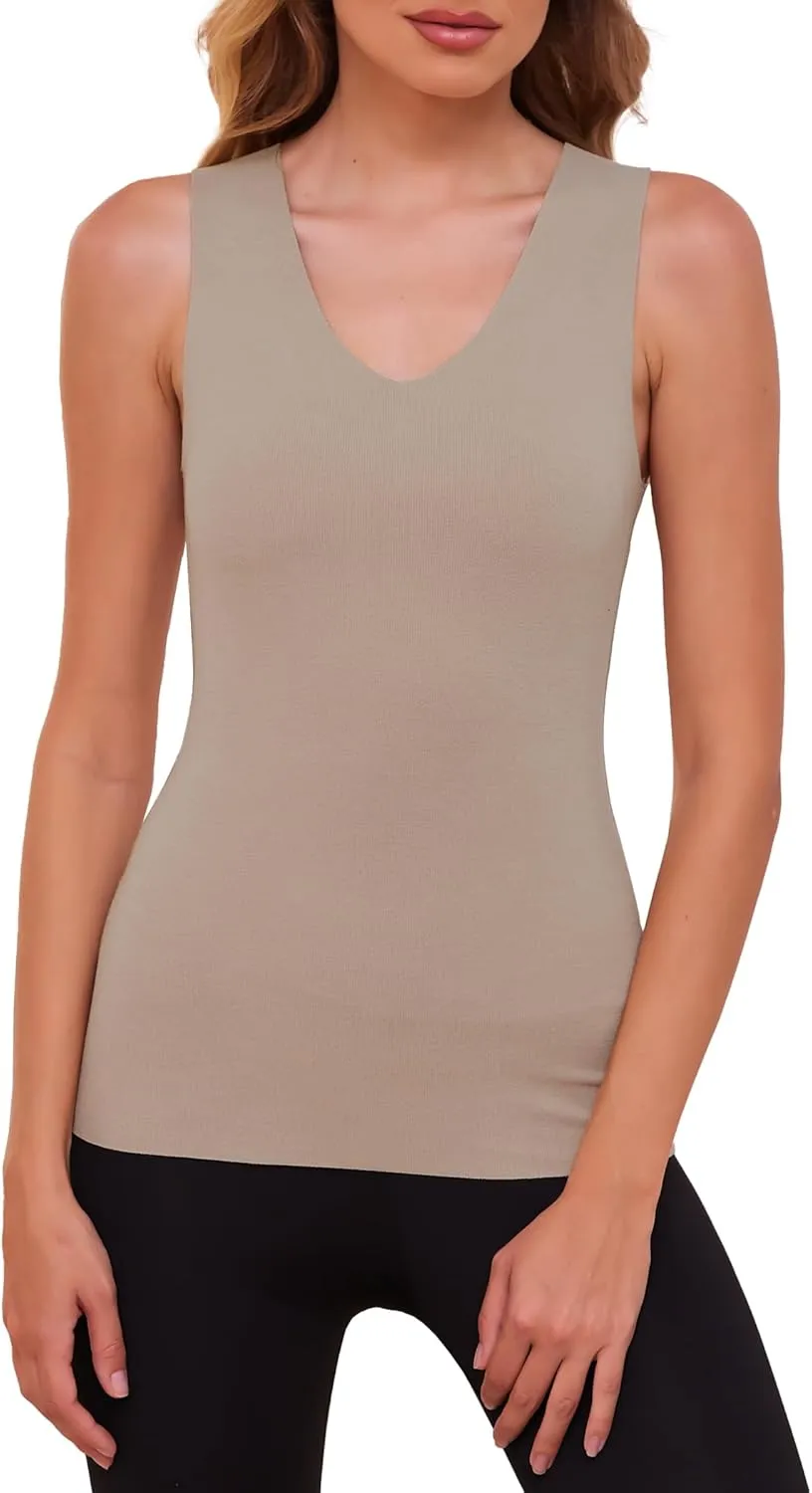 YYA V Neck Basic Tank Tops for Women Thermal Vest Winter Warm Tank-Top Sleeveless Undershirts, S-XXL